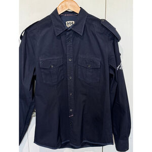 Men's Helly Hansen patch logo Navy Casual Button Down cotton long sleeve Shirt L